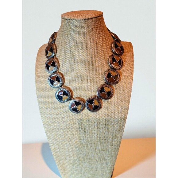 VTG Geometric Statement Necklace–Silver Tone, Black & Brown Enamel, Toggle Clasp - Picture 1 of 6